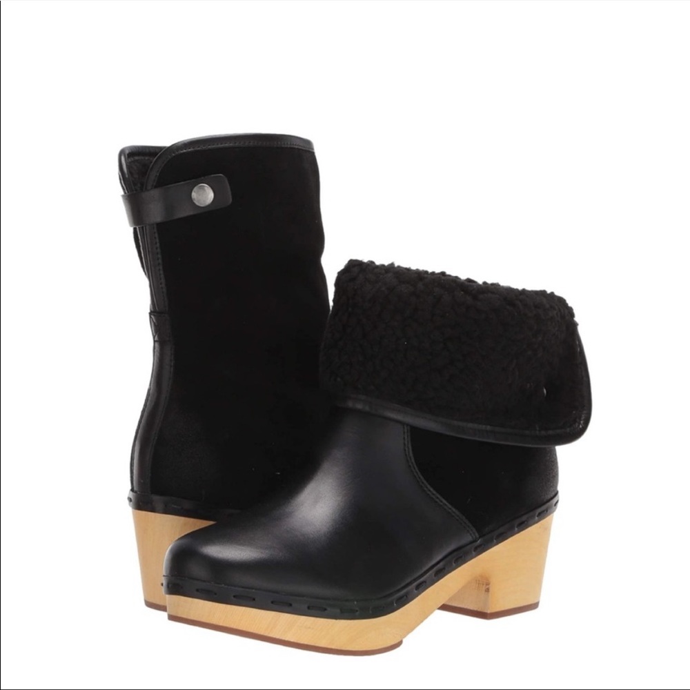Frye Black Leather & Shearling Clog Boots